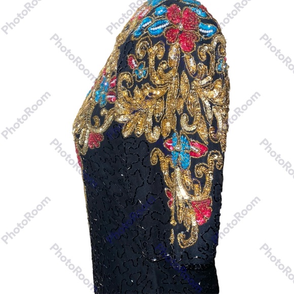 Vtg Scala Milan Paris LA Beaded Sequin Blk Silk SS Dress Size M India Semi Sheer - Picture 5 of 12